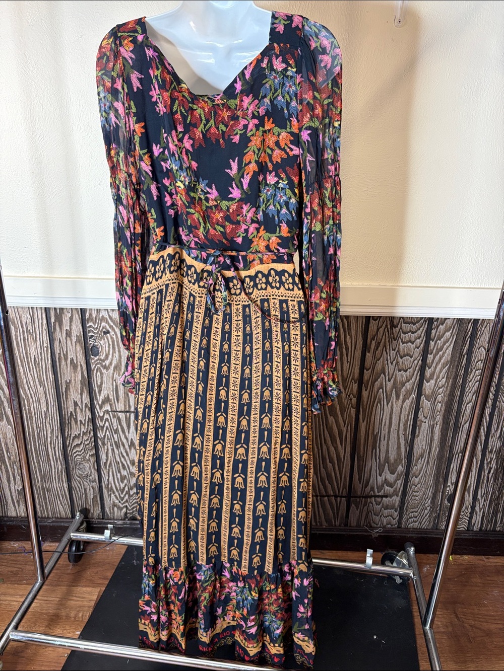 FARM Rio Black Maxi Dress with Mustard Panels and Pink, Orange Floral Print - Picture 3 of 7